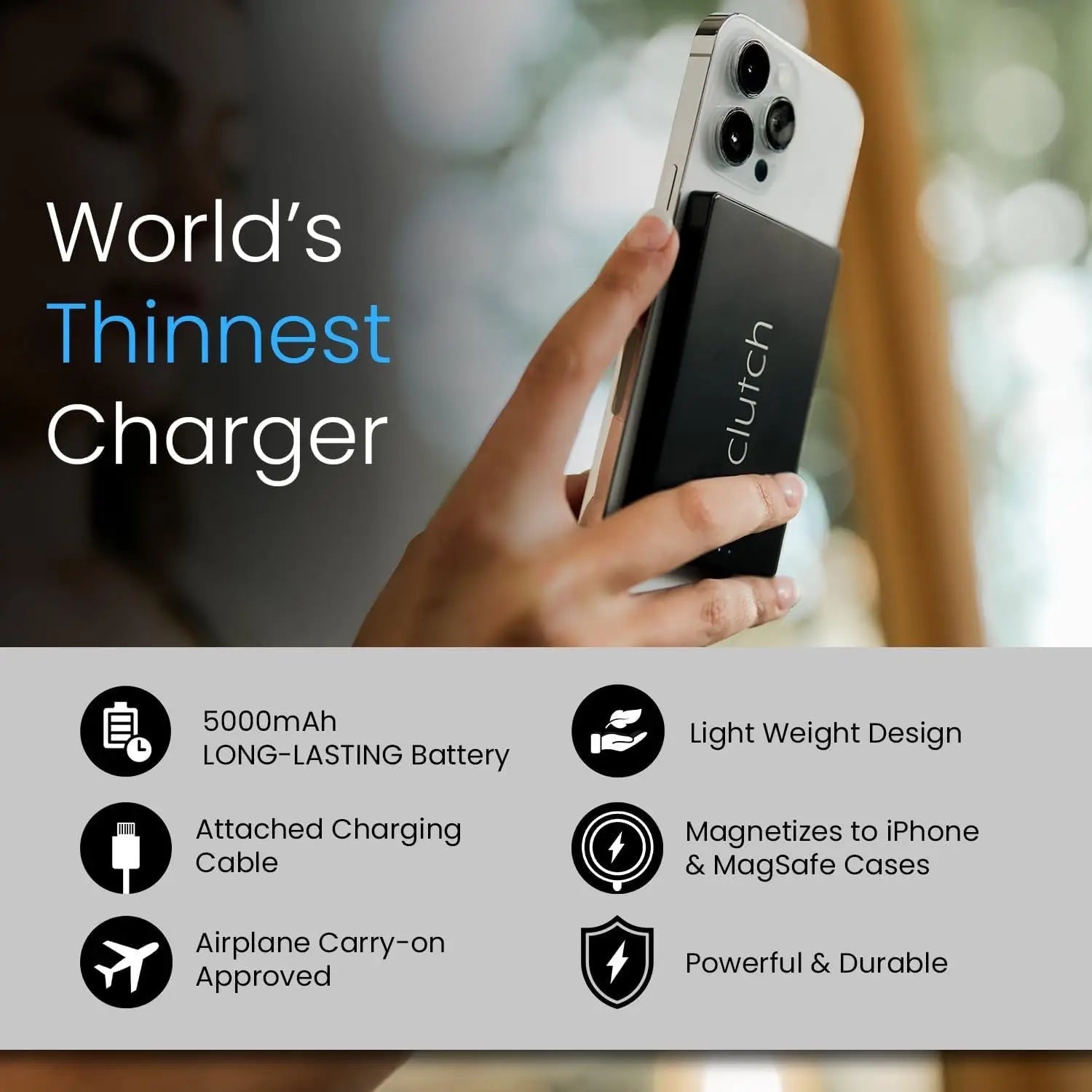 Black rectangular clutch magnetic phone charger with silver edges, attached to the back of a white iphone.