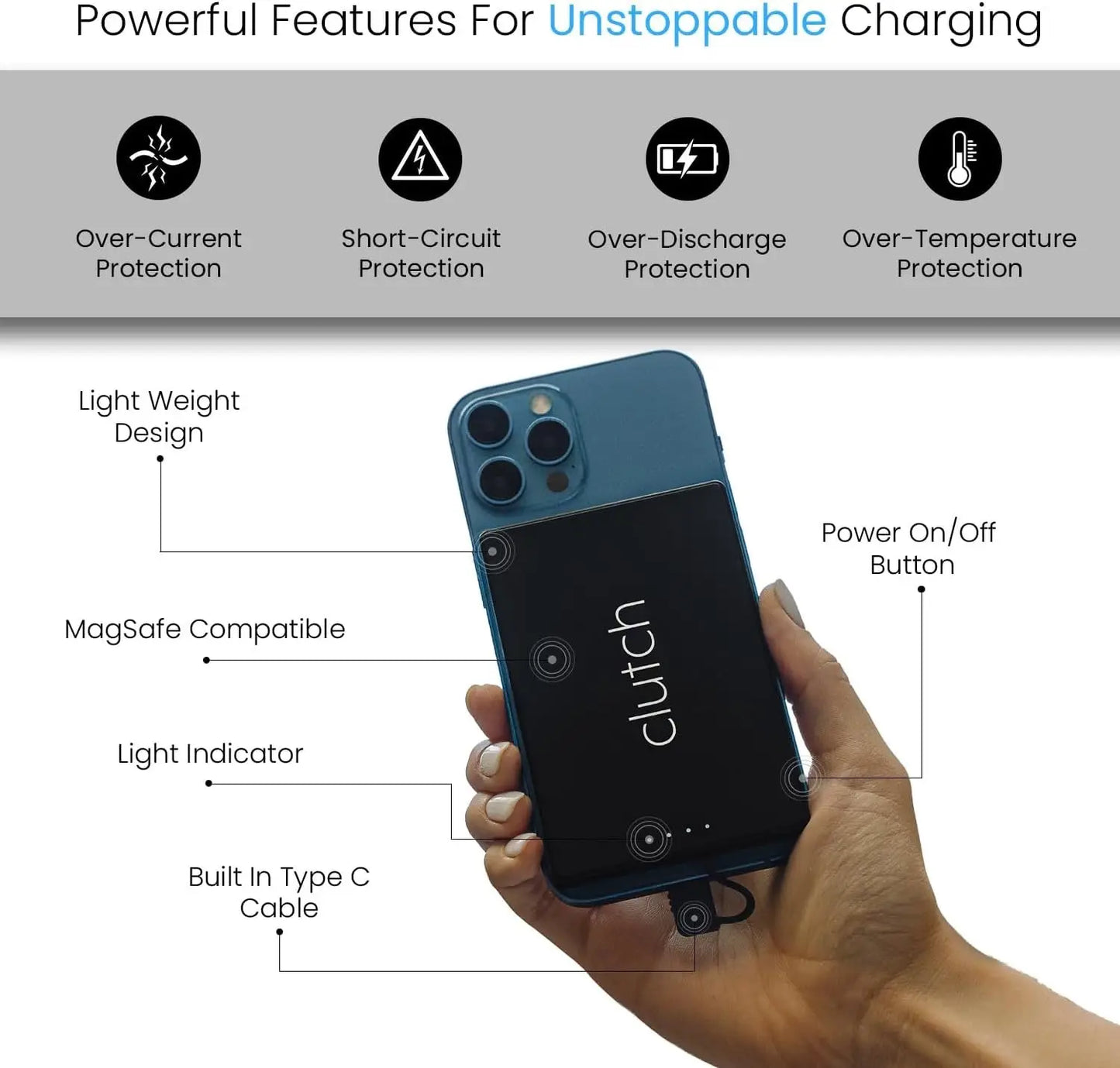 Blue and black clutch portable phone charger with magsafe compatibility.