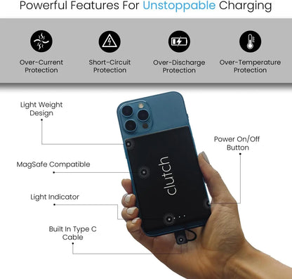 Blue and black clutch portable phone charger with magsafe compatibility.