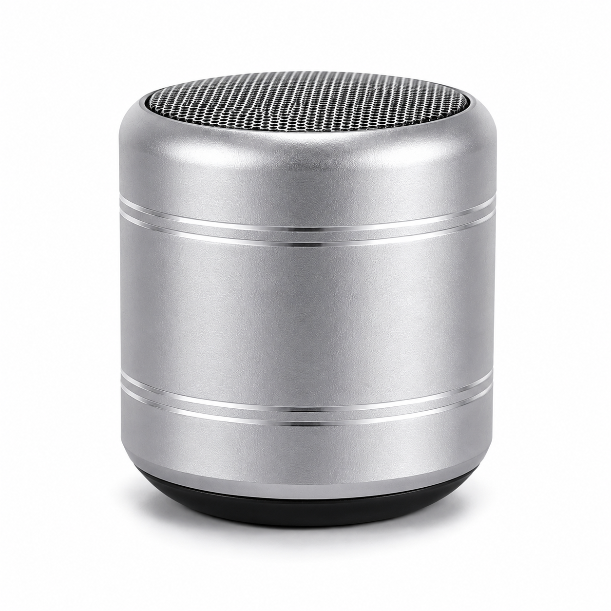 A portable cylindrical Bluetooth speaker with a brushed silver aluminum body, a black mesh top grille, and a black rubber base, shown on a clean white background.