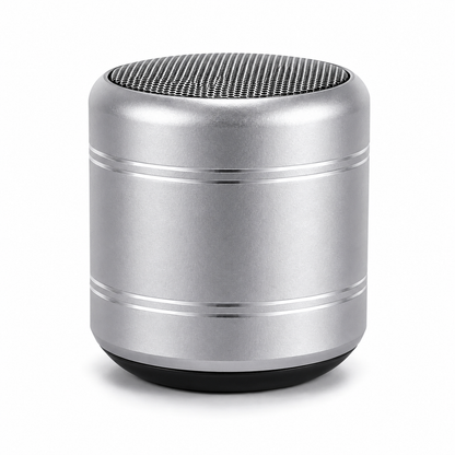 A portable cylindrical Bluetooth speaker with a brushed silver aluminum body, a black mesh top grille, and a black rubber base, shown on a clean white background.