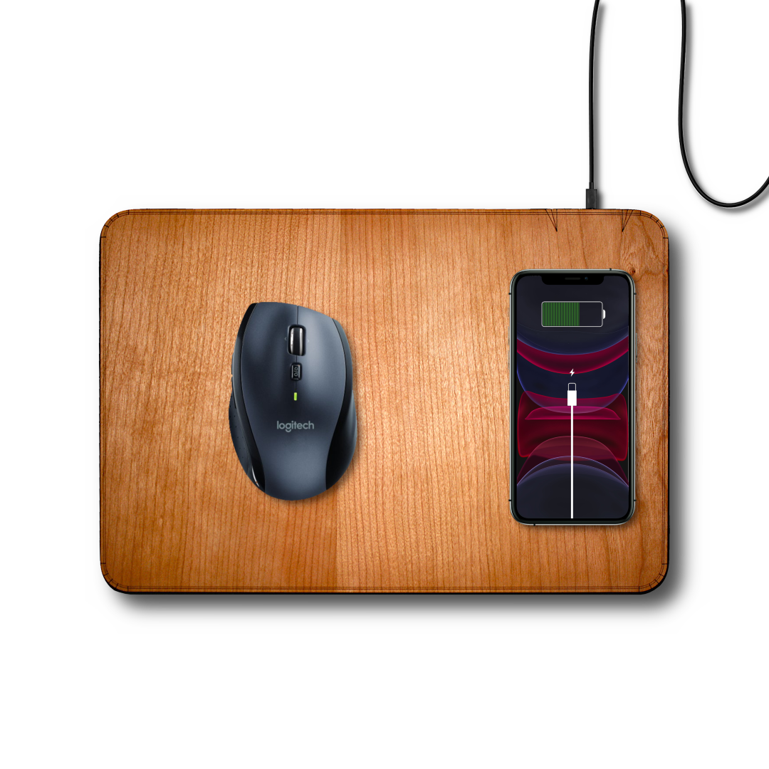 WUDN large real wood wireless charging mouse pad with built-in 15W Qi fast charger, shown with a mouse and iPhone on a white background.