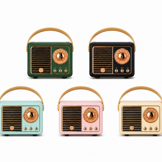 Set of five vintage-style radios in different colors on a white background