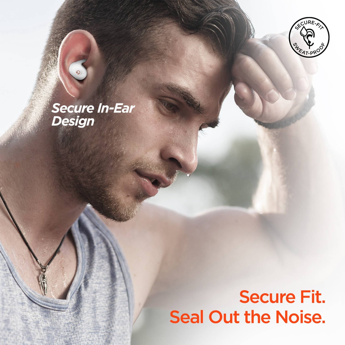 Man wearing wireless earbuds with text highlighting secure fit and noise cancellation.