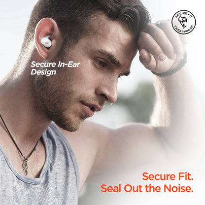 Man wearing wireless earbuds with text highlighting secure fit and noise cancellation.