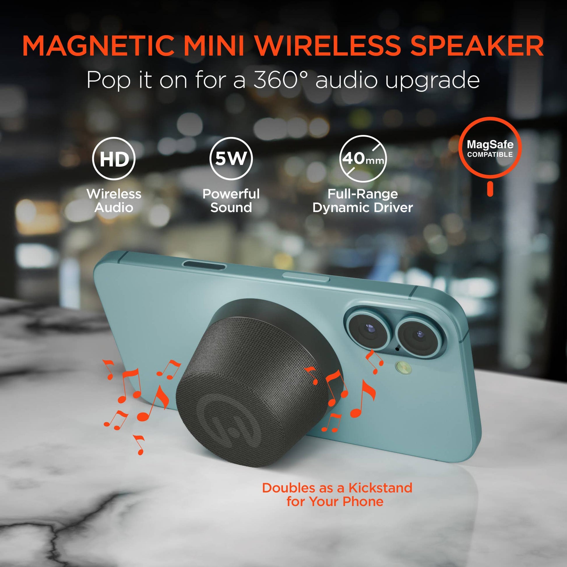 Magnetic mini wireless speaker attached to a phone with features highlighted on a blurred background
