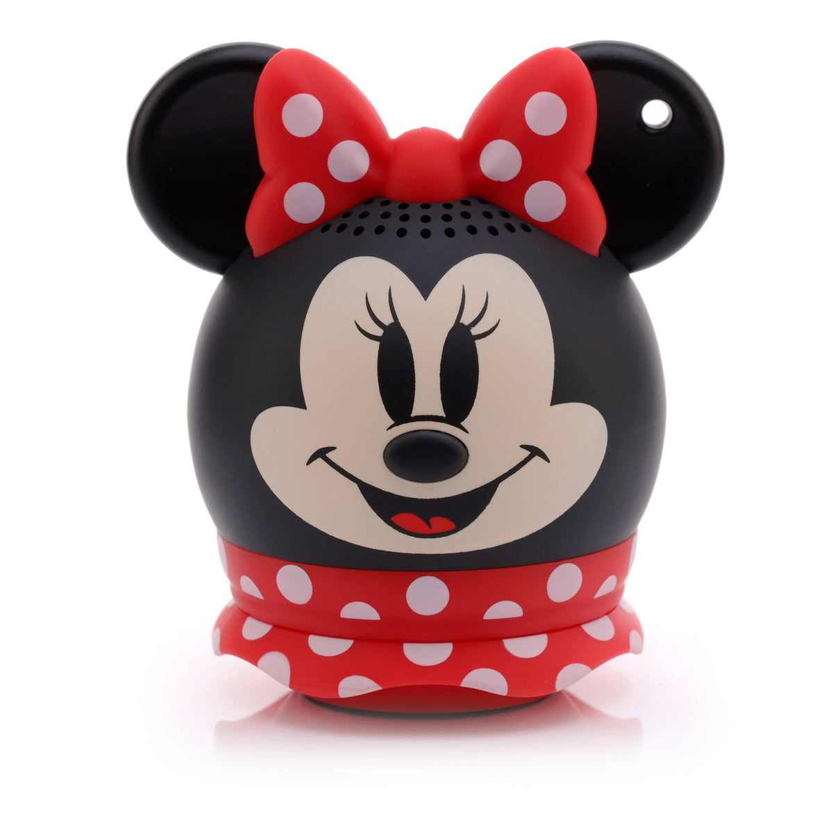 Minnie Mouse-themed speaker with a red bow and polka dot dress on a white background