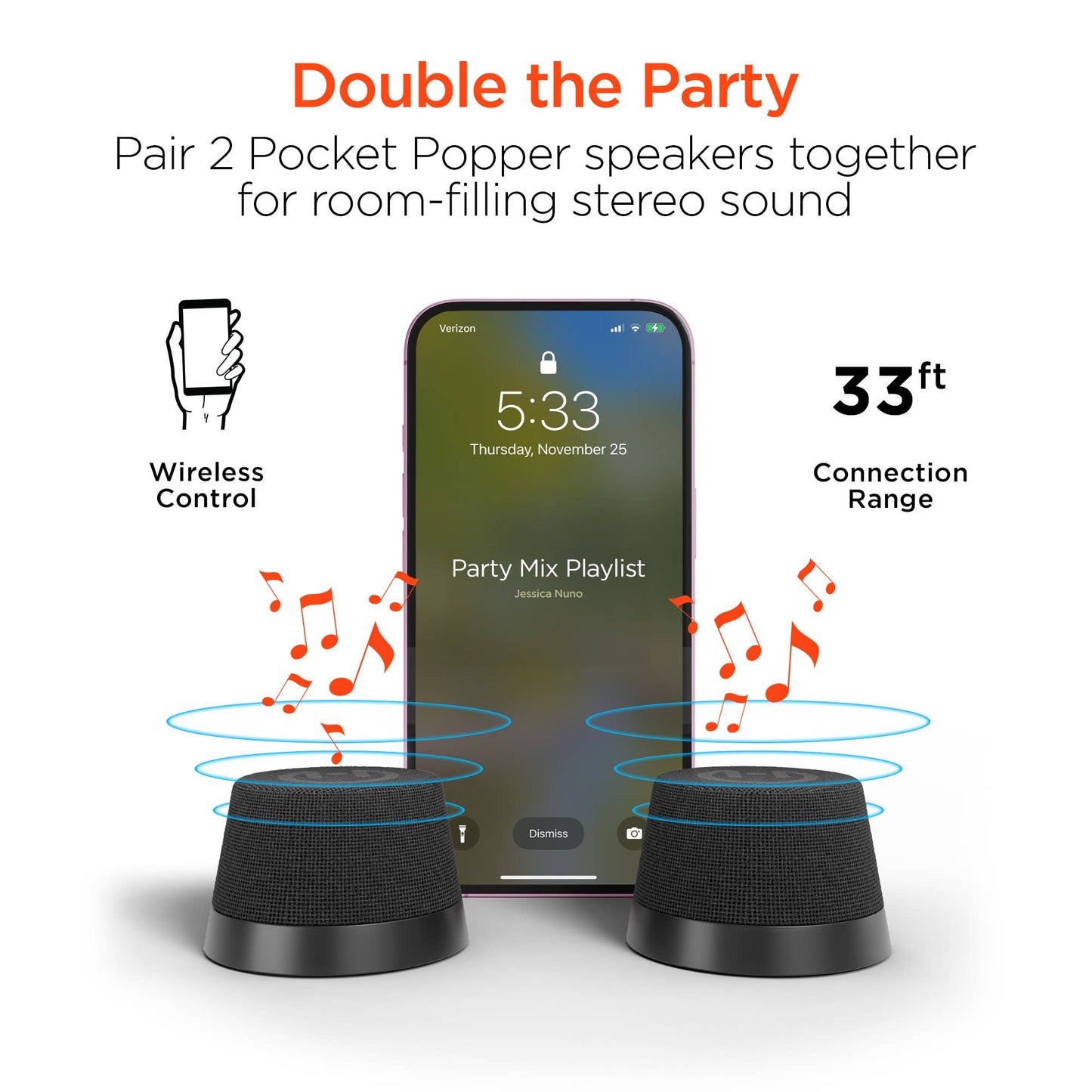 Two pocket popper speakers with a smartphone displaying a party mix playlist, emphasizing wireless control and connection range.