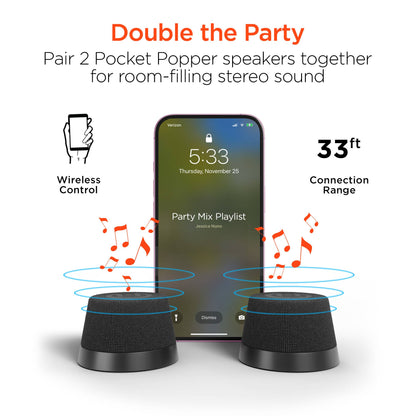 Two pocket popper speakers with a smartphone displaying a party mix playlist, emphasizing wireless control and connection range.