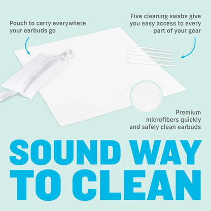 White microfiber earbud cleaning kit with five swabs and a matching pouch.