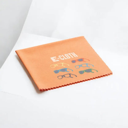 Orange microfiber e-cloth cleaning cloth with colorful sunglasses graphics.