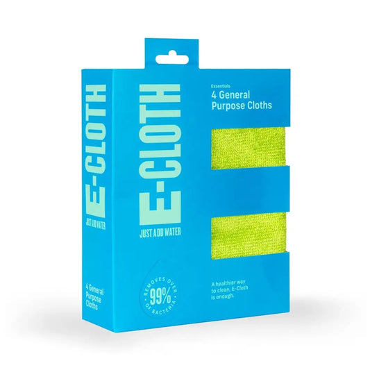 Bright lime green microfiber e-cloth general purpose cleaning cloths in a blue retail package.