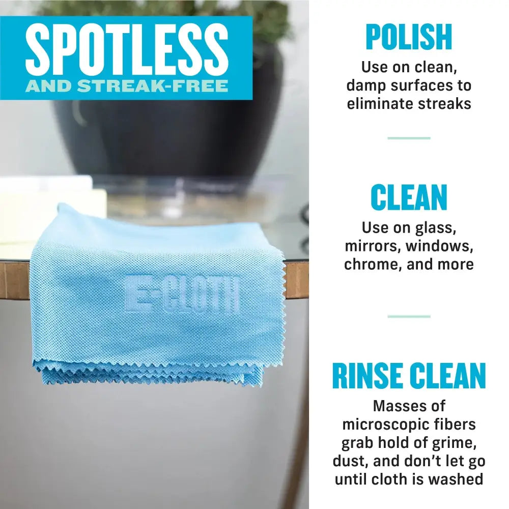 Light blue microfiber cleaning cloth with ’e-cloth’ embroidered in a subtle, lighter shade.