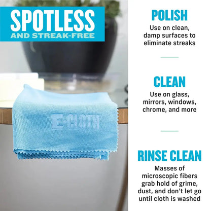 Light blue microfiber cleaning cloth with ’e-cloth’ embroidered in a subtle, lighter shade.