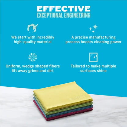 Stack of colorful microfiber cleaning cloths in yellow, green, blue, and purple.