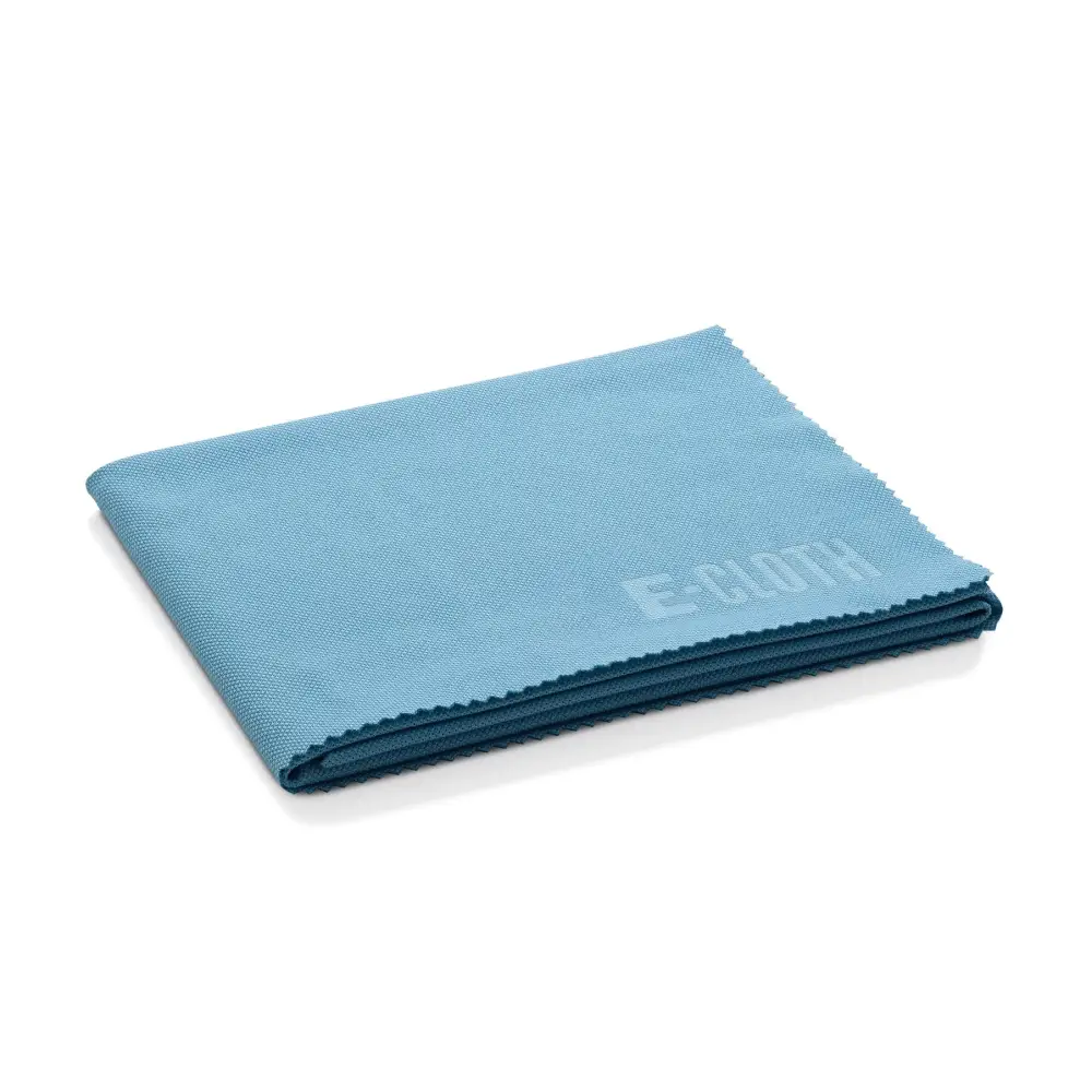 A soft, light blue microfiber cleaning cloth with a subtle textured weave and the ’e-cloth’ brand name embroidered in matching thread.