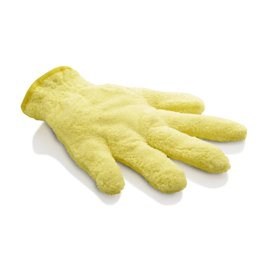A soft, pale yellow microfiber glove with a plush, textured surface.
