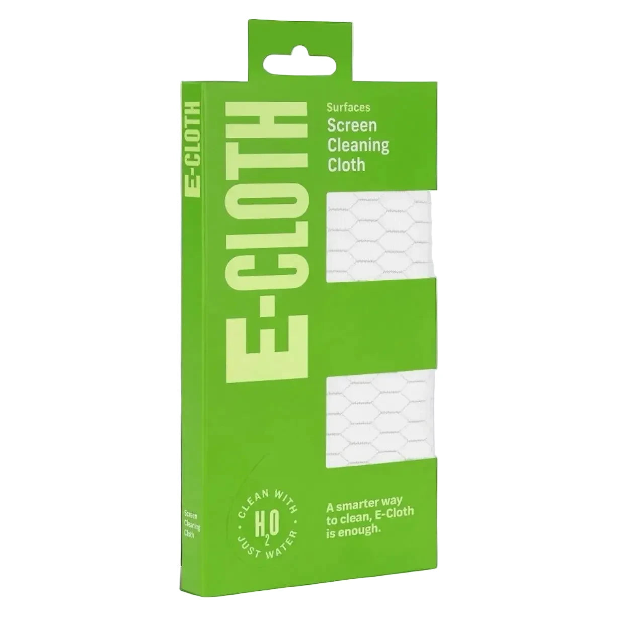 Bright green cardboard packaging for e-cloth screen cleaning cloths, featuring a clear window showcasing the white hexagonal-patterned microfiber cloth inside.