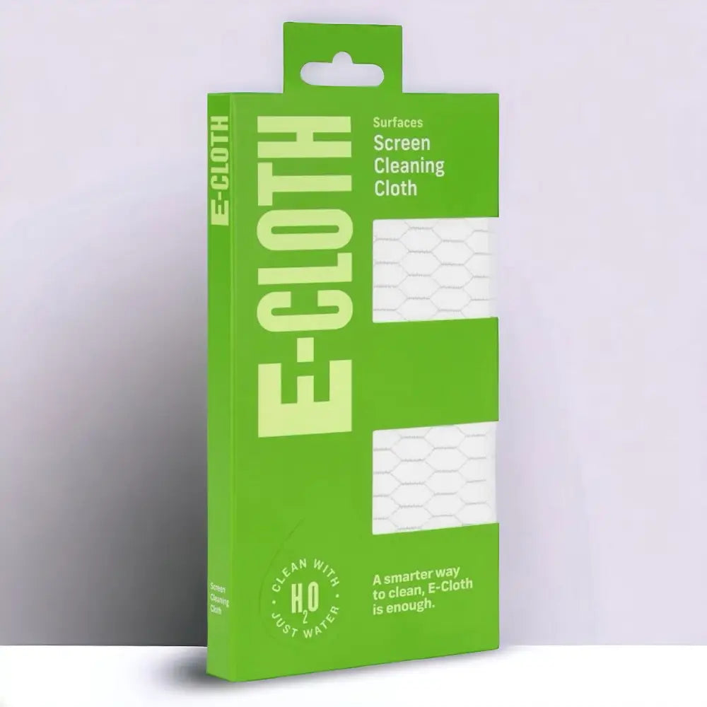 Bright green cardboard packaging for e-cloth screen cleaning cloths, featuring a clear window showcasing the white hexagonal-patterned microfiber cloth inside.