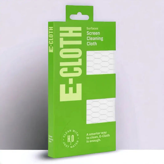 Bright green cardboard packaging for e-cloth screen cleaning cloths, featuring a clear window showcasing the white hexagonal-patterned microfiber cloth inside.