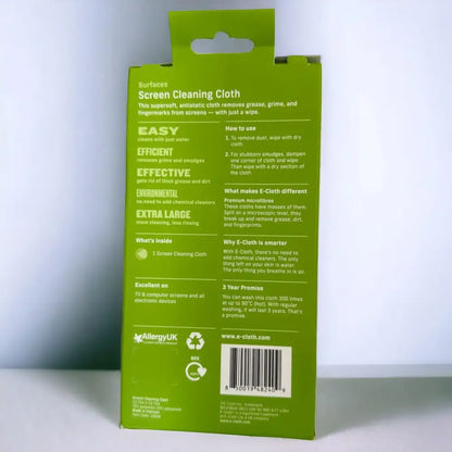Green cardboard packaging for a screen cleaning cloth branded e-cloth.