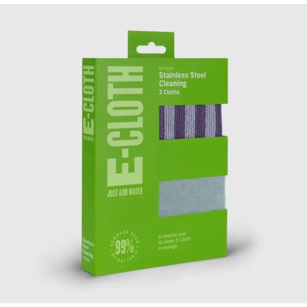 Green packaged e-cloth stainless steel cleaning cloths, featuring two textured microfiber pads in purple and light blue.
