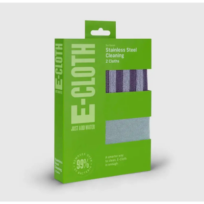 Green packaged e-cloth stainless steel cleaning cloths, featuring two textured microfiber pads in purple and light blue.