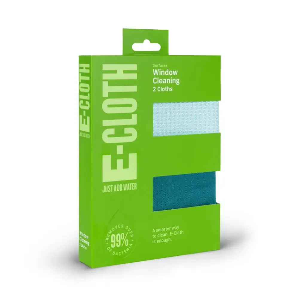Green packaged e-cloth window cleaning cloths, featuring a light blue and teal microfiber design.