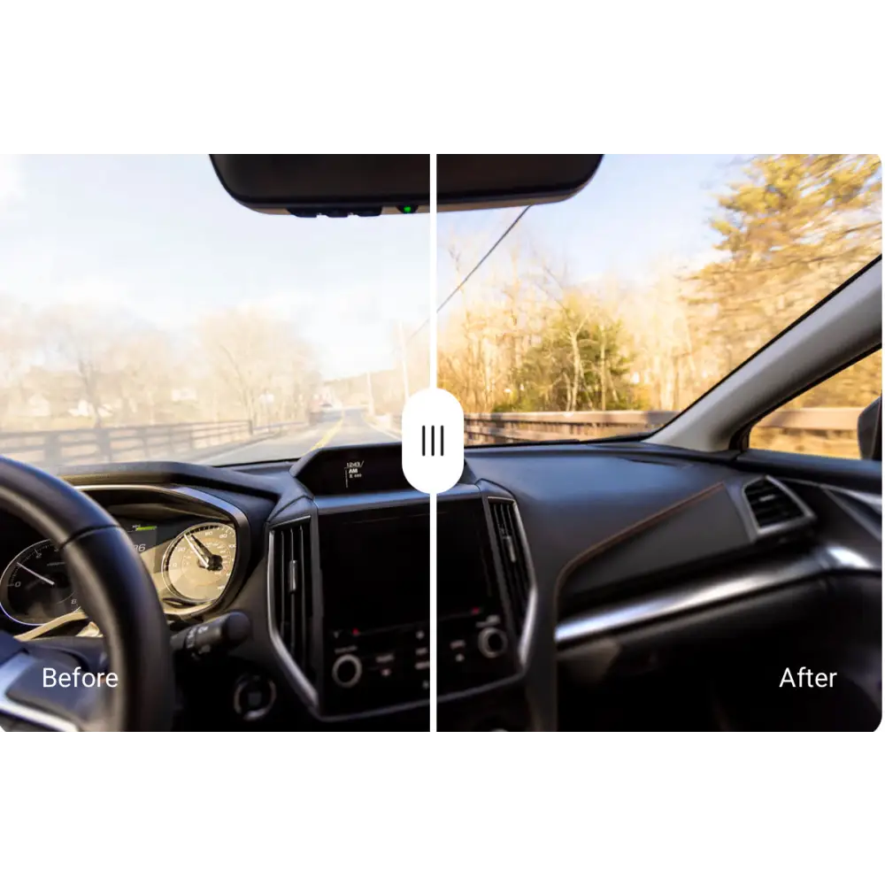 The image displays a split-screen comparison of a car’s interior, with the left side labeled ’before’ showing a foggy windshield and the right side labeled ’after’ showcasing a clear view through the same window.