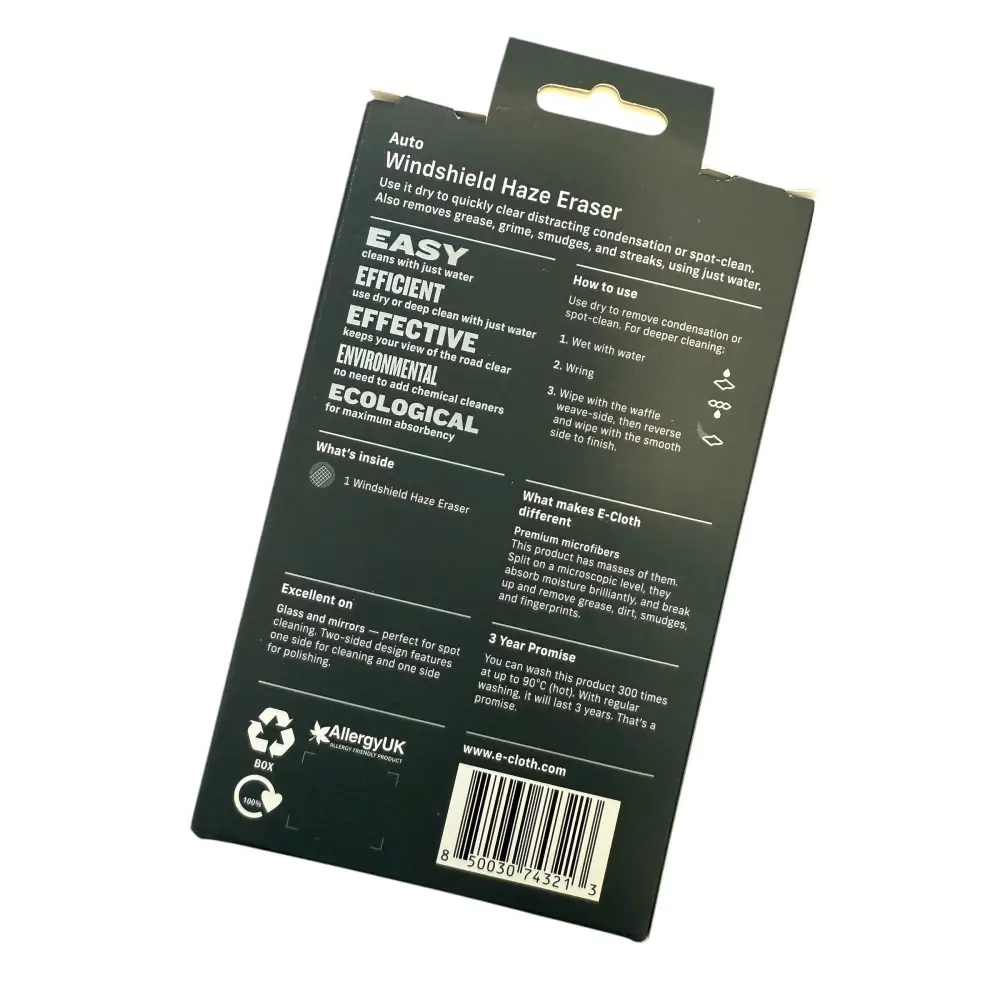 Black cardboard packaging for an e-cloth auto windshield haze eraser.