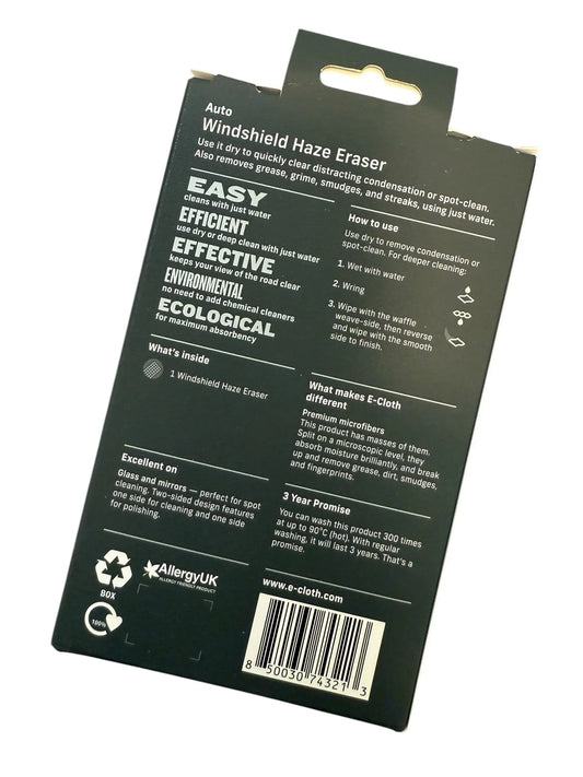 Black cardboard packaging for an e-cloth auto windshield haze eraser.