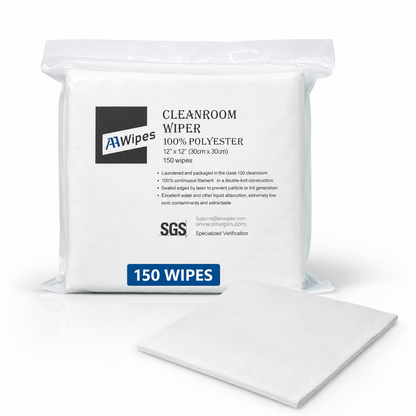 A package of 150 Cleanroom 100% Polyester wipers with one wipe sitting out on a white backgrpund.