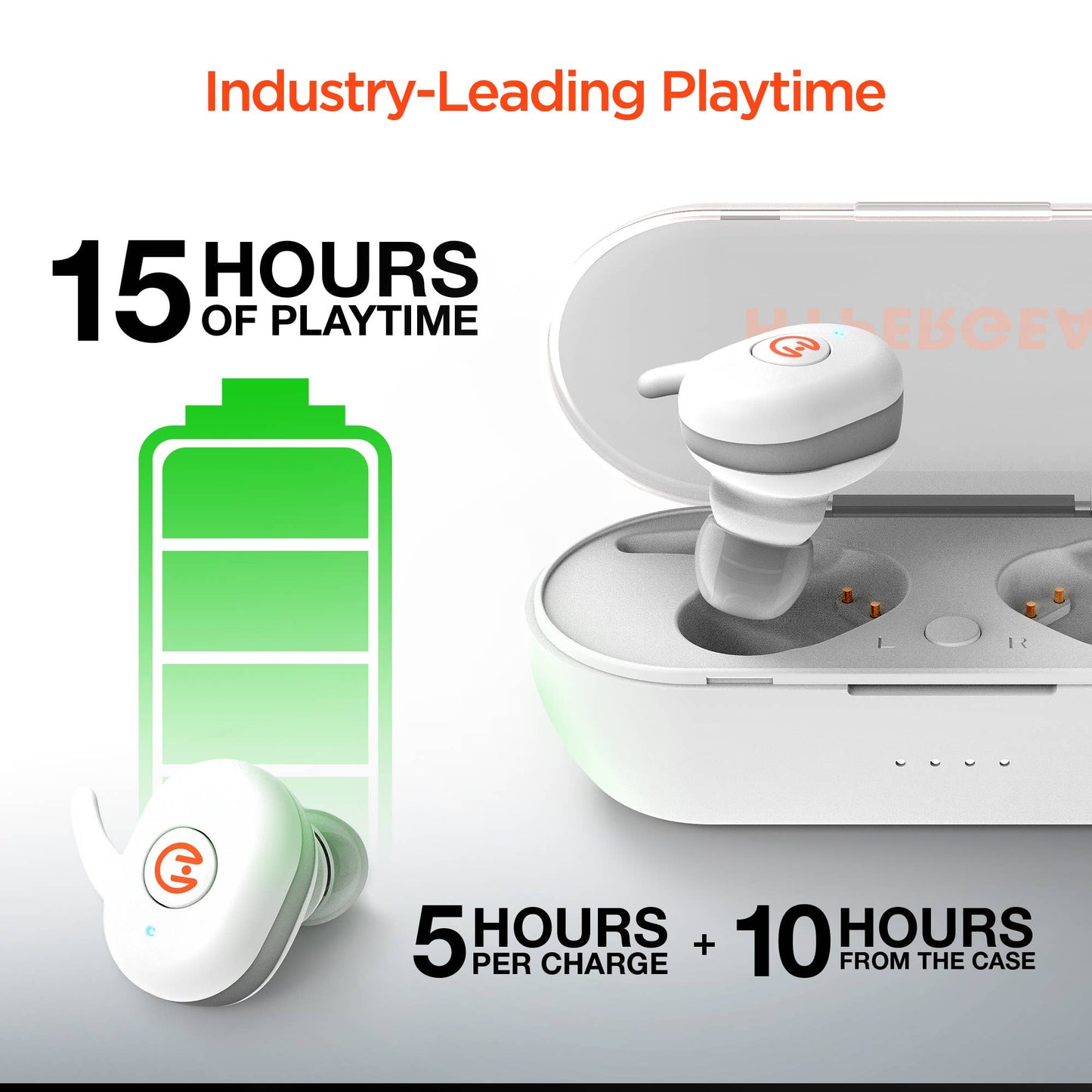 Wireless earbuds with charging case and battery indicator on a white background