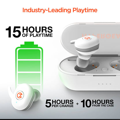 Wireless earbuds with charging case and battery indicator on a white background