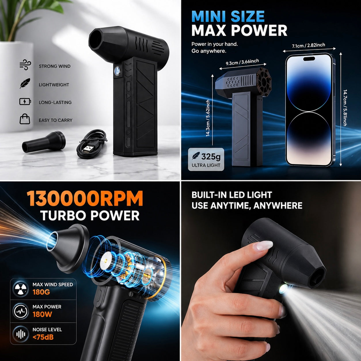 130,000 RPM Cordless Electric Air Duster - Mini Turbo Blower for PC, Car &amp; Electronics Cleaning