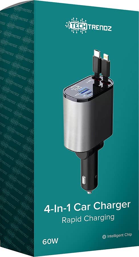 4-in-1 Fast Charging Retractable Car Charger in packaging