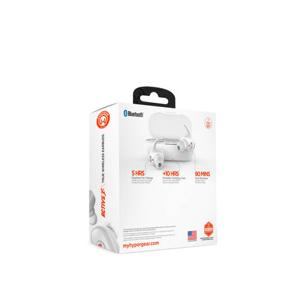 White wireless earbuds packaging with charging case on a white background