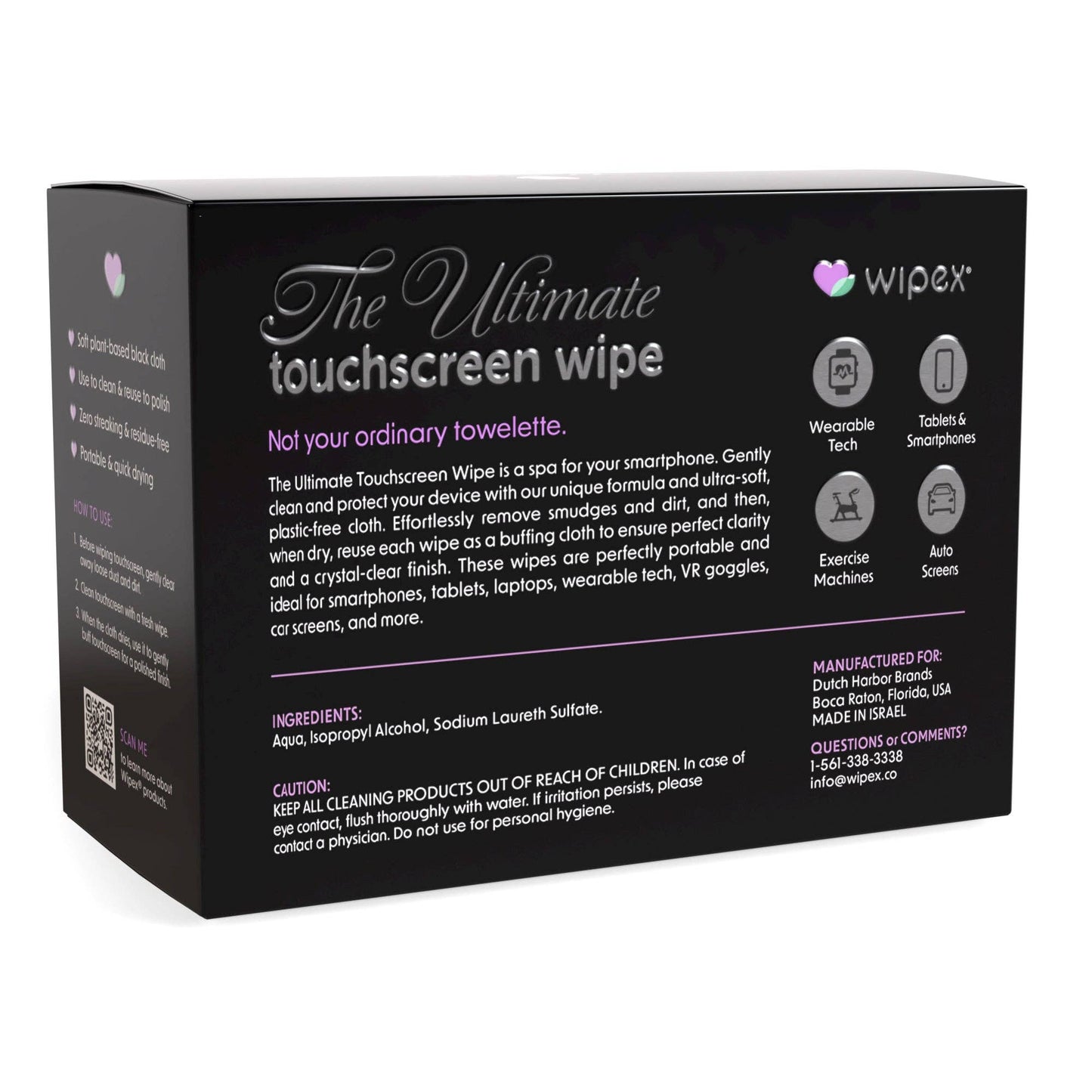 Wipex touchscreen wipe packaging with product details on a white background