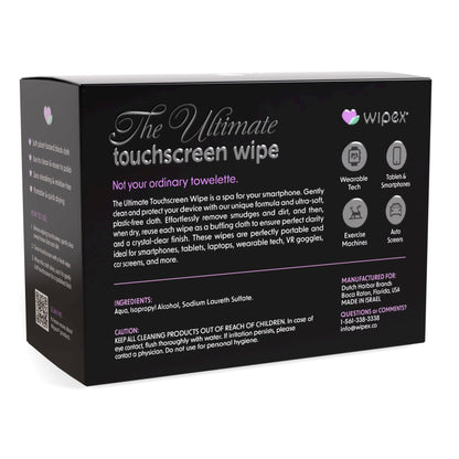 Wipex touchscreen wipe packaging with product details on a white background