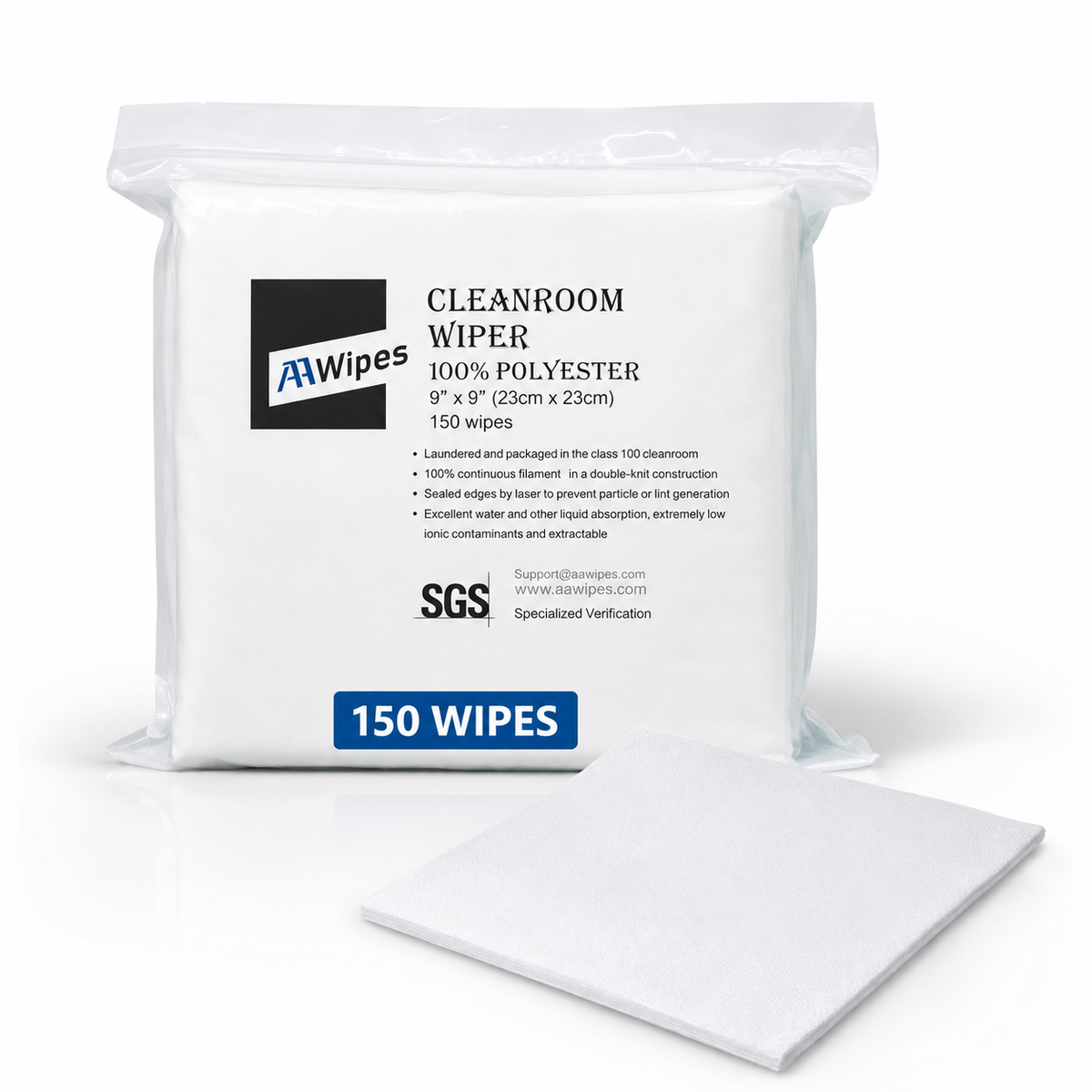 A package of 150 cleanroom wipes on a white background, with one wipe displayed in front of the package.