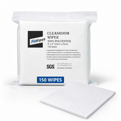 A package of 150 cleanroom wipes on a white background, with one wipe displayed in front of the package.