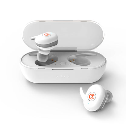 White wireless earbuds with charging case on a white background