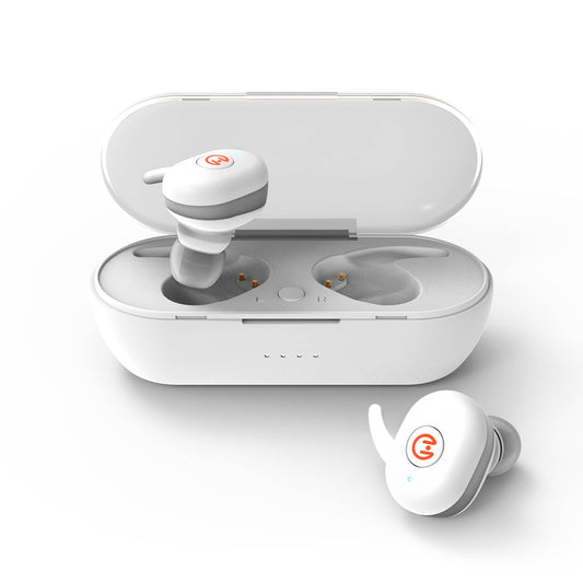 White wireless earbuds with charging case on a white background