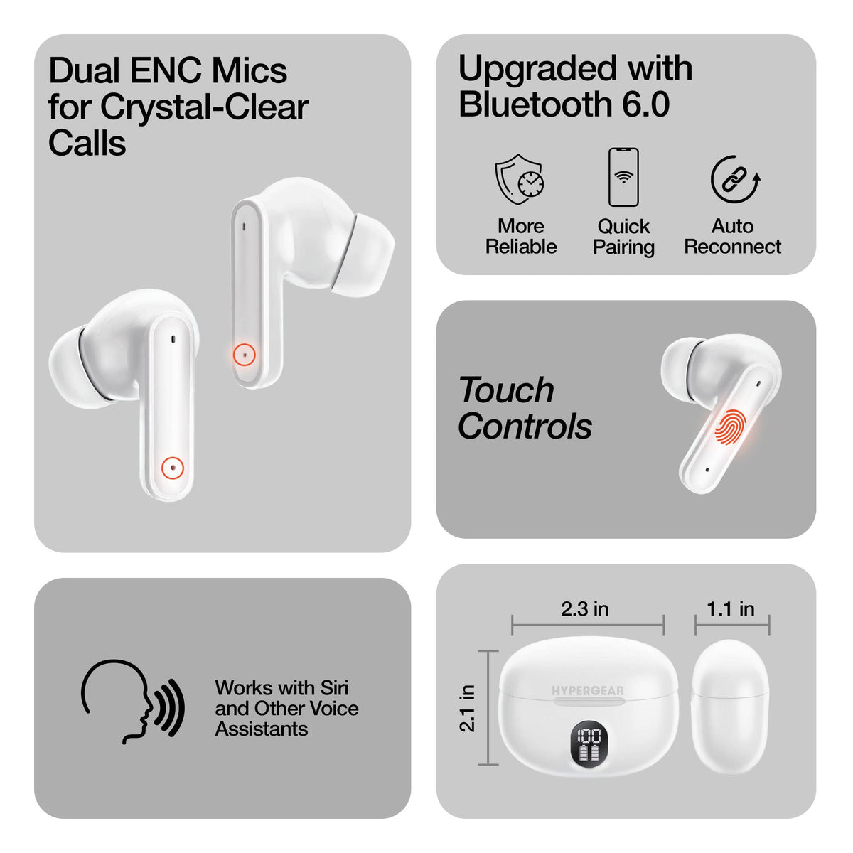 Hypergear Hyper-Budz ANC earbud features. Dual mics, bluetooth 6.0, touch controls, and works with Siri and other voice assistants.
