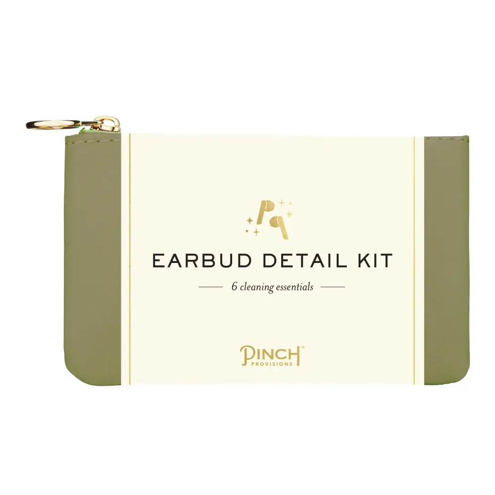 Olive green leather pouch with gold zipper and minimalist design, labeled ’earbud detail kit’ by pinch provisions.