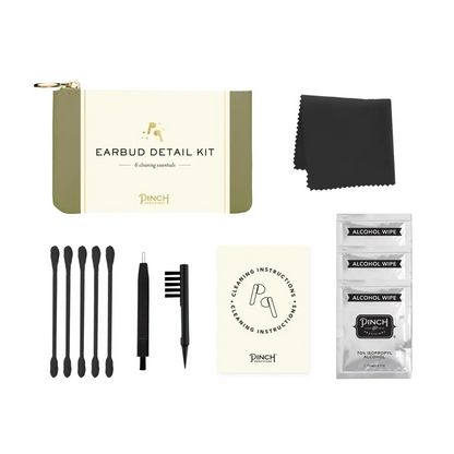 Olive green and cream-colored zippered pouch with gold zipper pull, labeled ’earbud detail kit’ by pinch provisions.