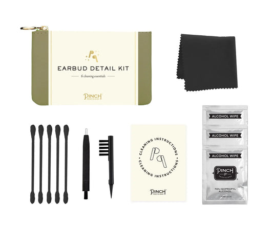 Olive green and cream-colored zippered pouch with gold zipper pull, labeled ’earbud detail kit’ by pinch provisions.