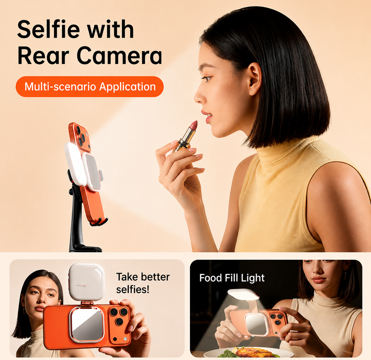 Promotional graphic for an orange and white selfie mirror phone case with built-in light and mirror. The main panel shows a woman applying lipstick while looking into the phone case, with text reading 'Selfie with Rear Camera' and 'Multi-scenario Application.