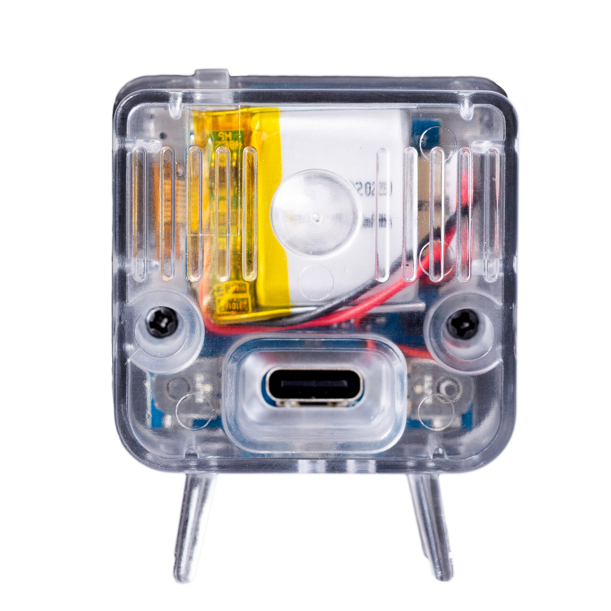 Clear electronic device with internal components on a white background