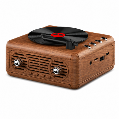 Wood Retro Vinyl Bluetooth Speaker with Rotating Turntable on white background